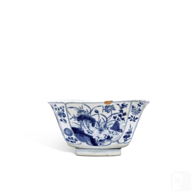清康熙 青花開光花卉紋四方倭角盌 - 图4
